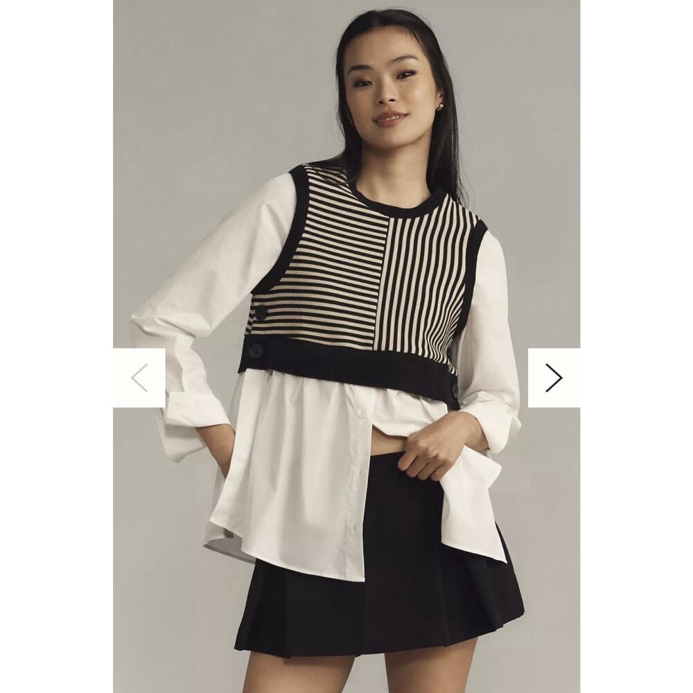 Maeve Long-Sleeve Linen Twofer Sweater Vest Top Size XS FLAW